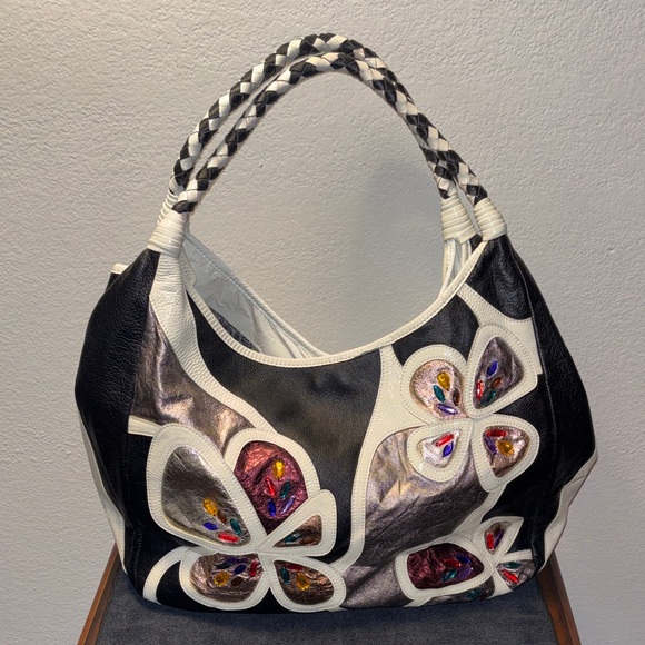 Sharif Handbags - Sharif Black and White Floral Appliqué Shoulder Bag with Jewel Accents
